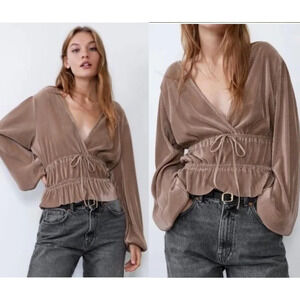 ZARA Balloon Sleeve Accordian Pleated Surplice Front Peplum Top, Taupe Color, S